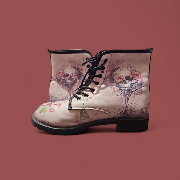 Women Skull and Roses Combat Ankle Boots Size: 10 - Picture 3 of 8